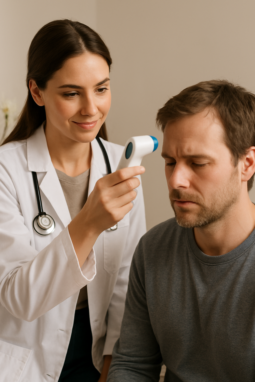 Doctor using an infrared thermometer on a patient's forehead.