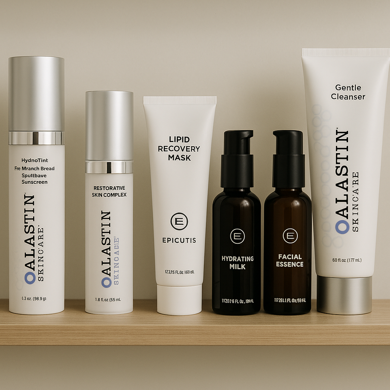 Collection of Alastin and Epicutis skincare products on a beige shelf