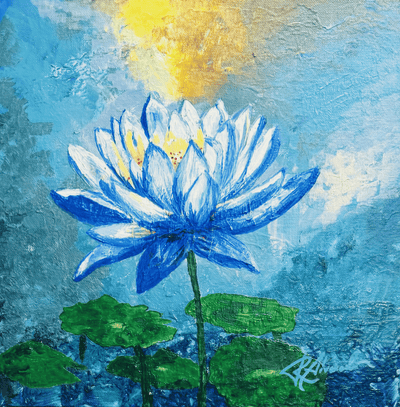 Painting of a blue lotus flower with green leaves and a yellow sun in the background.