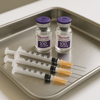 Botox vials and syringes on a metal tray