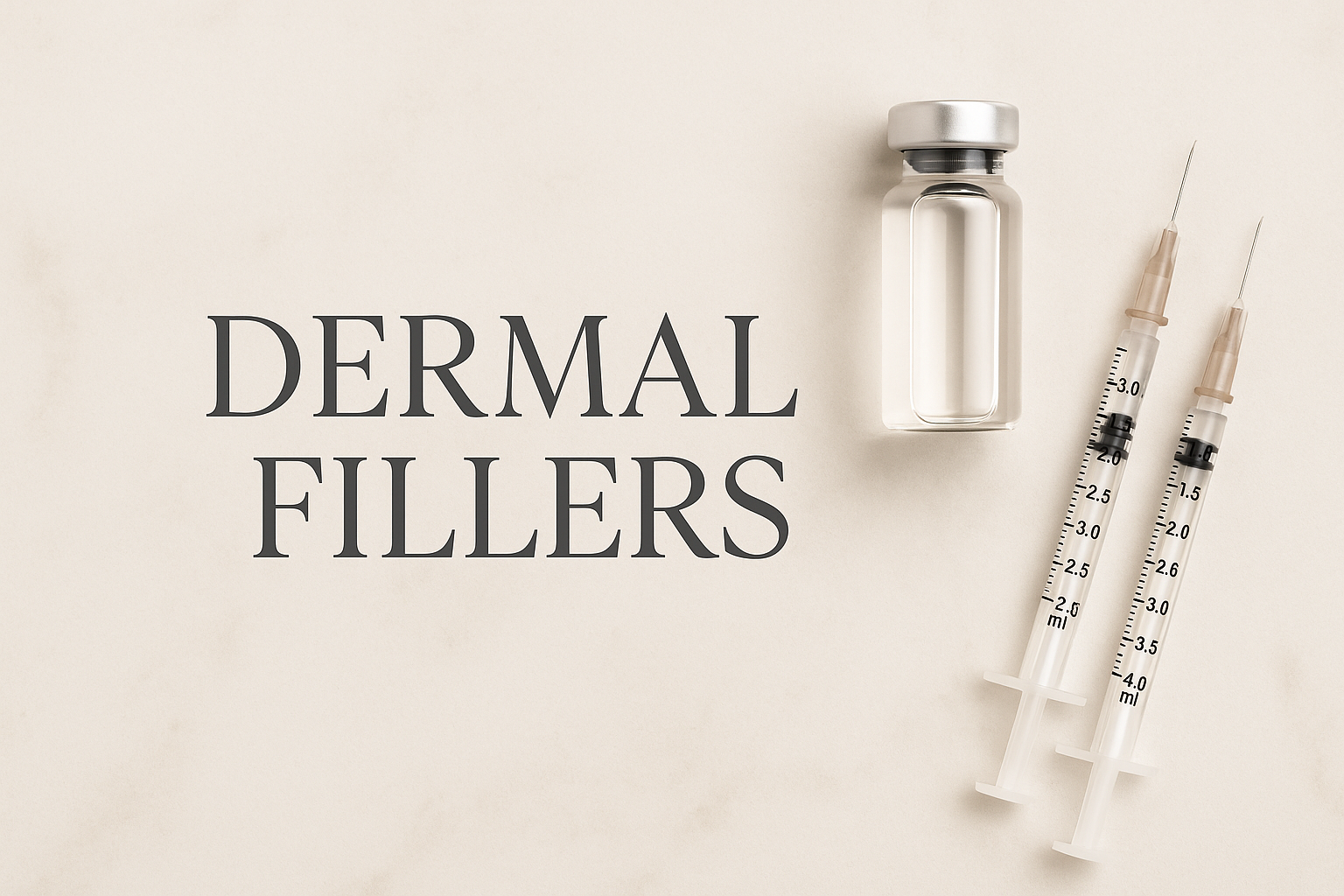 Vial and syringes on a beige background with 'DERMAL FILLERS' text.