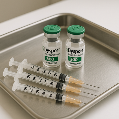 Two bottles of Dysport with syringes on a metal tray