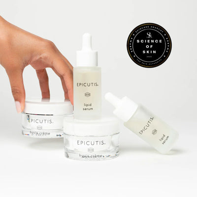 Epicutis skincare products including a jar, serum, and cream on a white background with 'Science of Skin' logo.