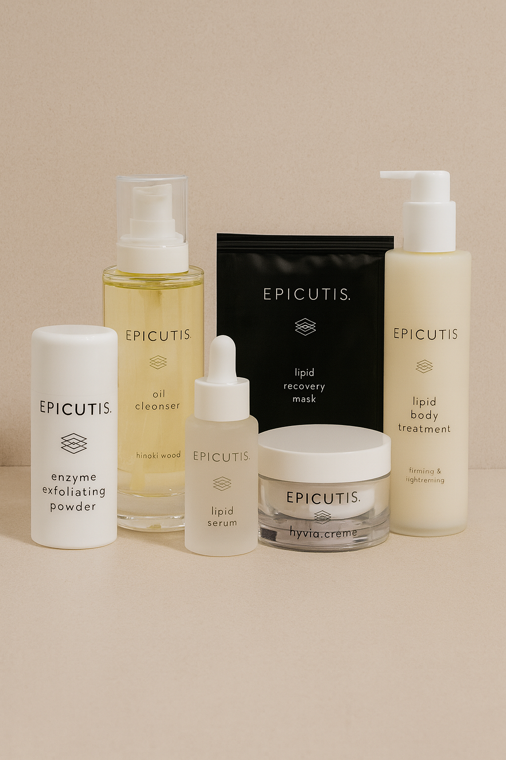 Collection of Epicutis skincare products on a beige background