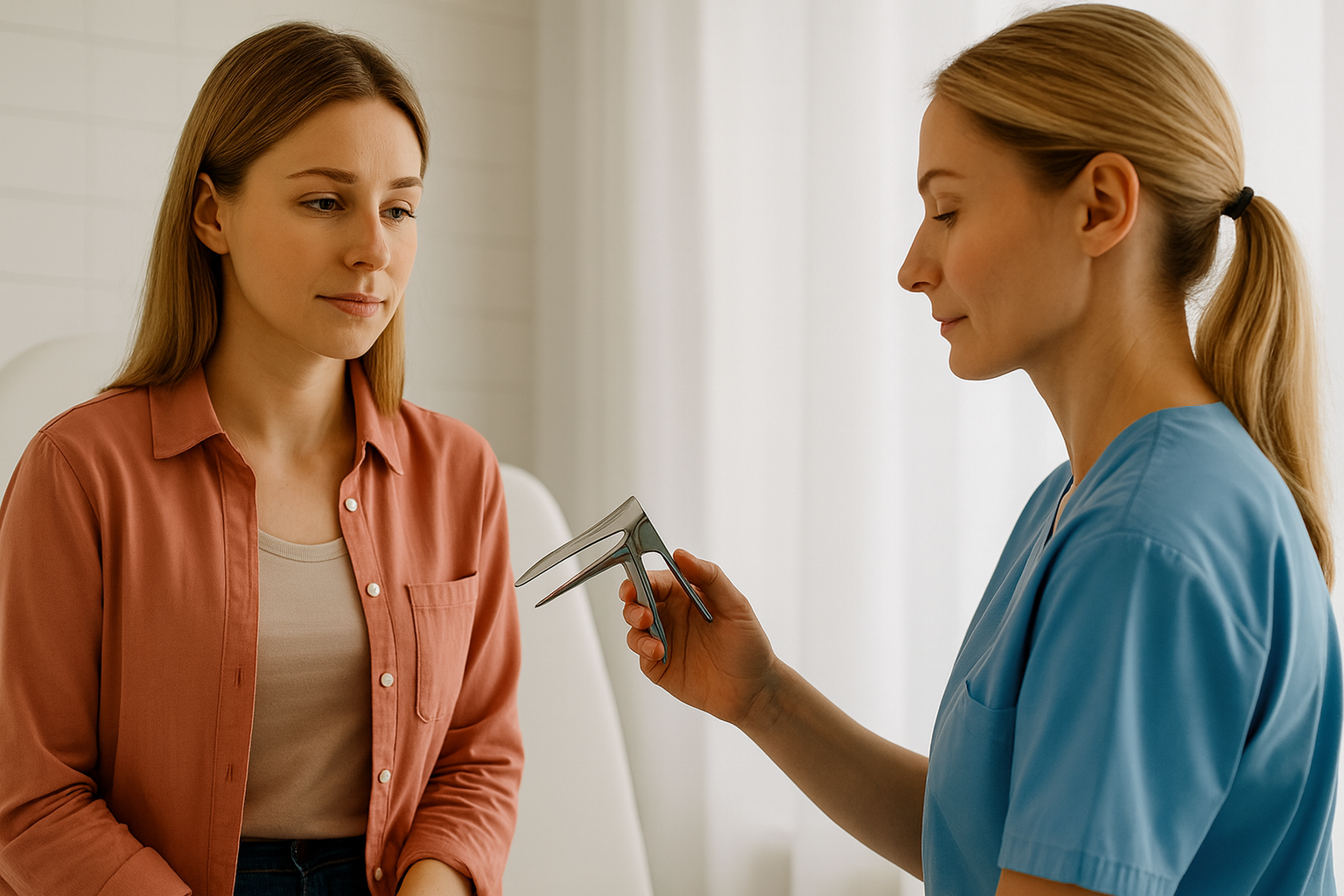 Woman receiving a Gynecological treatment from a professional in a clinical setting.