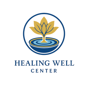Logo of Healing Well Center with a blue and gold design on a white background