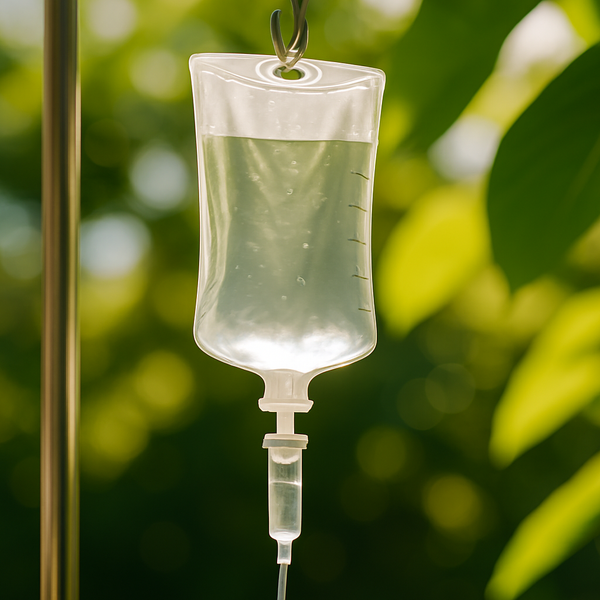 IV bag hanging against a blurred green background