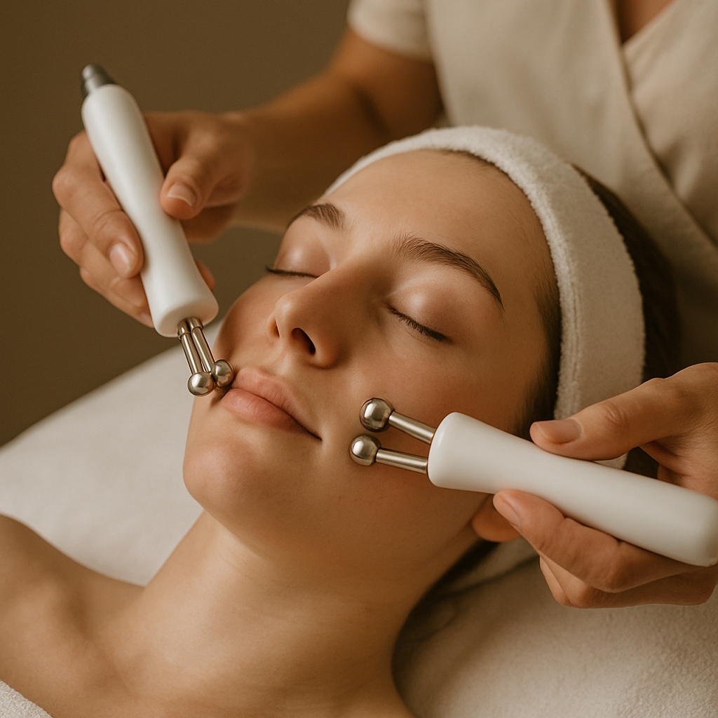 Woman receiving a facial treatment with electronic devices.