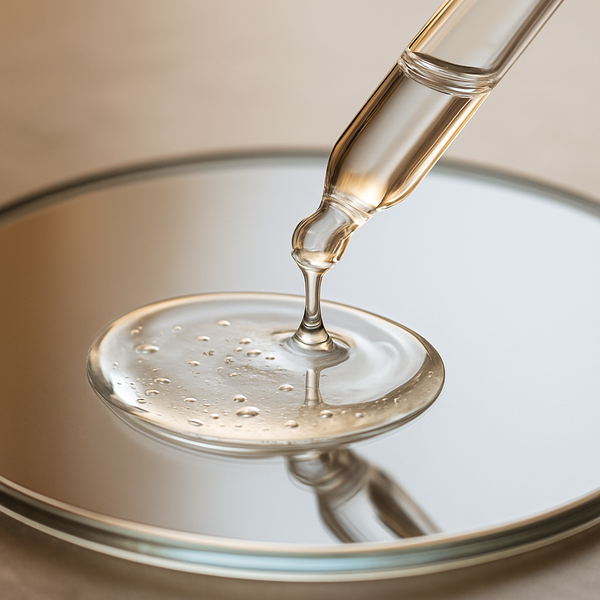 Close-up of a dropper with a NAD+ liquid on a reflective surface