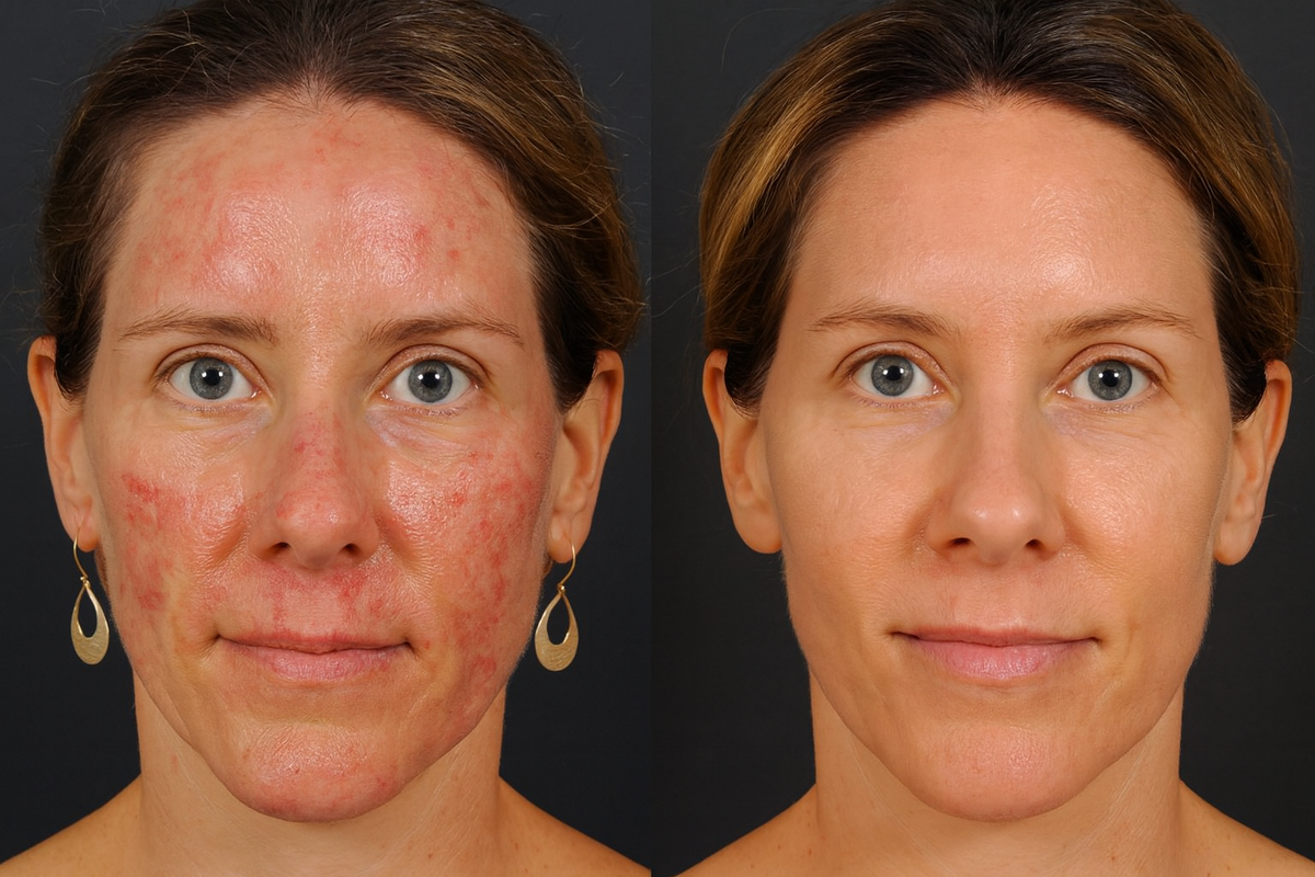 Before and after comparison of a woman's face after getting a PRP Glow Facial