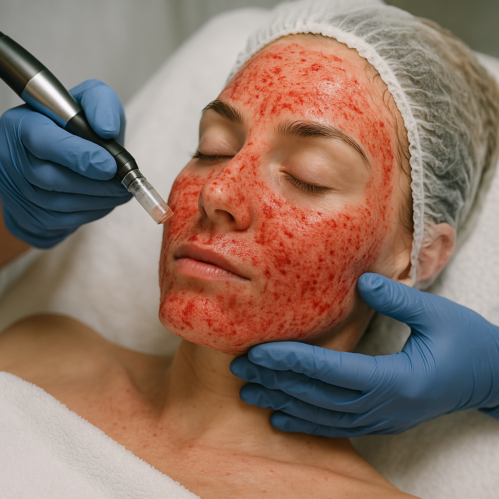 Person receiving a skin treatment with red face, wearing a hairnet and gloves.