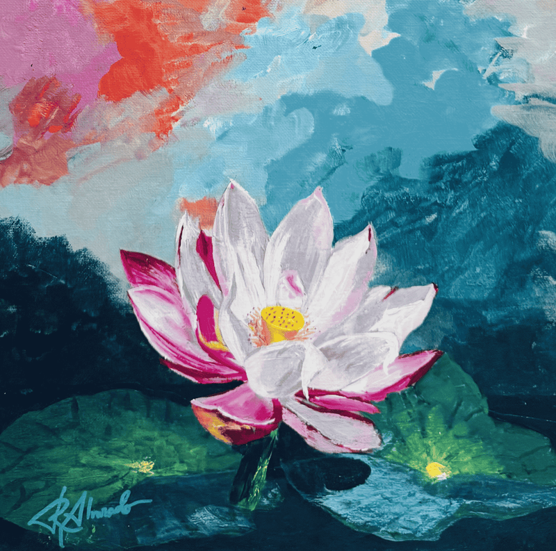 Colorful abstract painting of a pink and white Lotus with green leaves on a dark background.