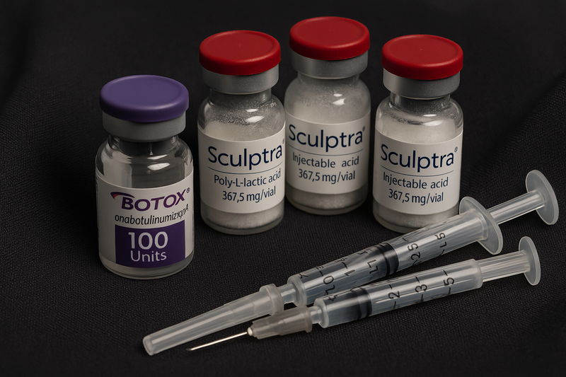 Botox and Sculptra vials with syringes on a black background
