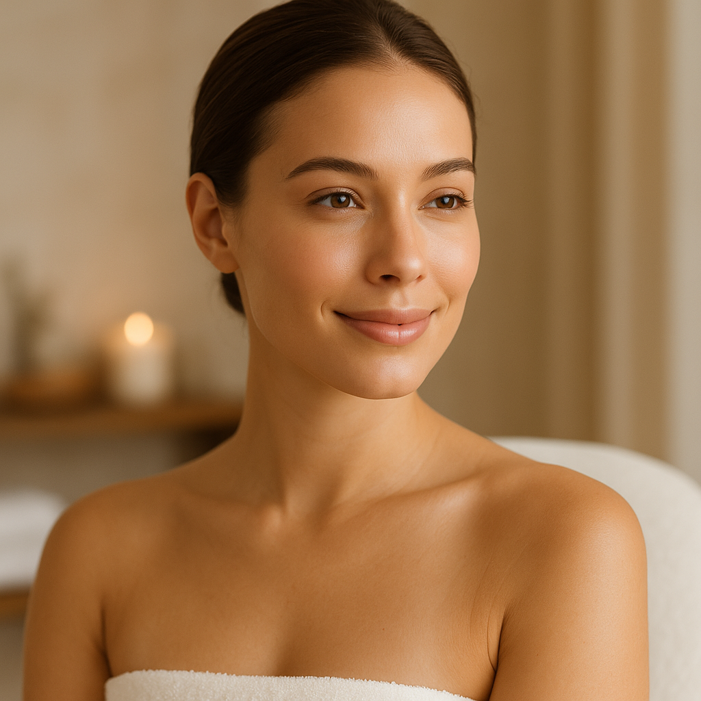 Woman with a towel around her shoulders in a warm-toned room