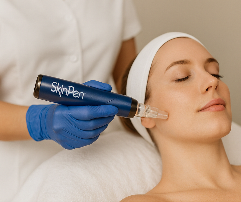 Woman receiving a SkinPen treatment at a med spa bar wellness center.