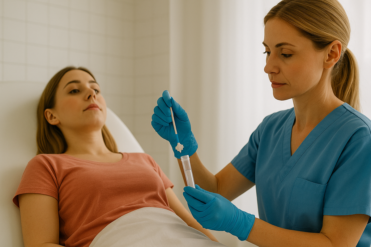 Nurse administering a Pap smear to a patient in a clinical setting